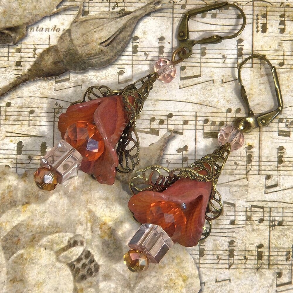 Melon Orange Pink Bronze  Hand Painted Lucite Flower Earrings, Crystal, Filigree